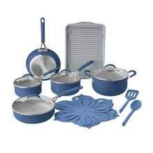 Blue ceramic cookware set with lids, strainer, utensils, and cookie sheet rack