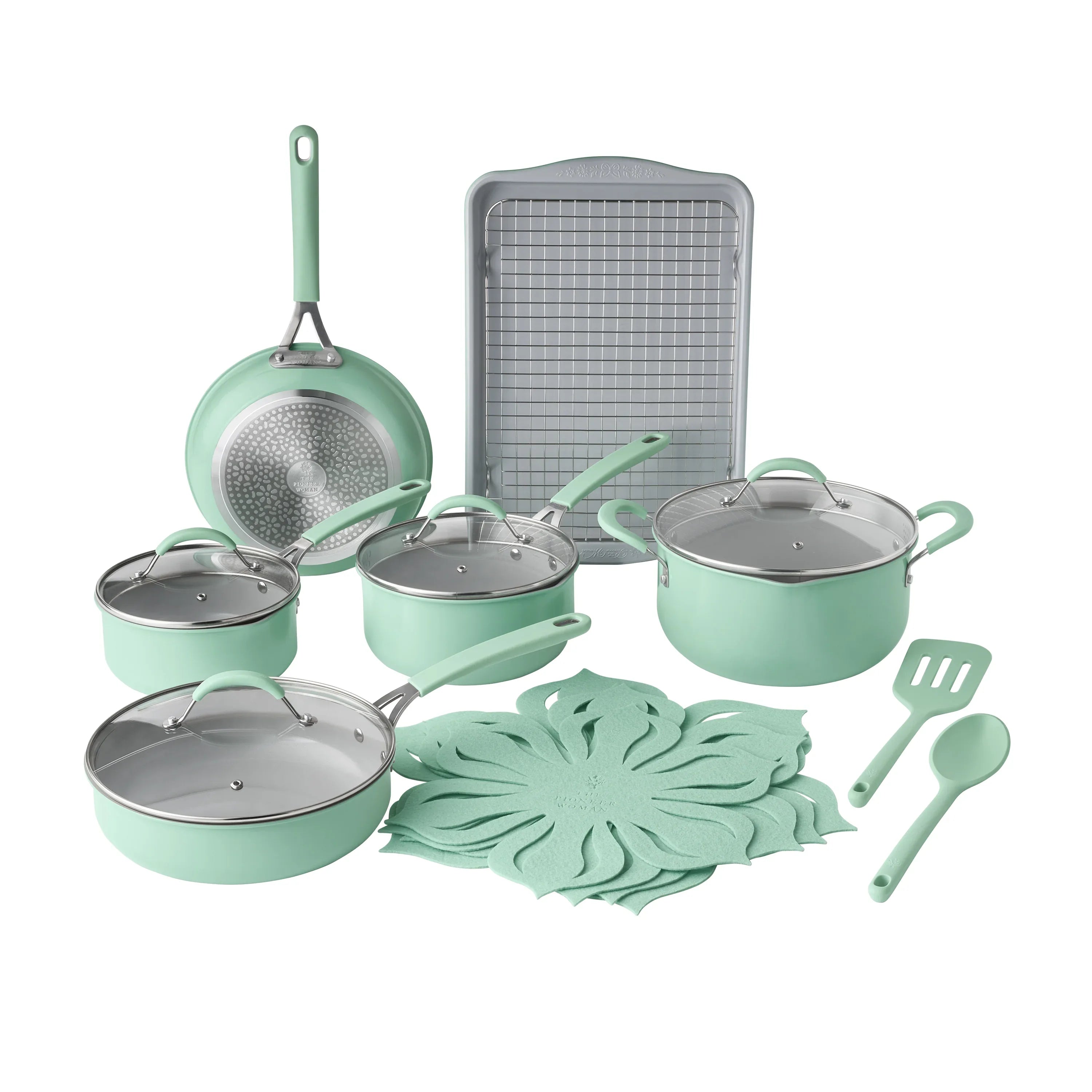 The Pioneer Woman Sutton 17-Piece Ceramic Cookware Set with Strainer Lids and Cookie Sheet with Rack, Blue