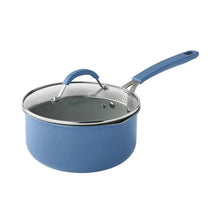 Blue ceramic nonstick sauce pan with stainless lid and arched loop handles