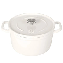 White enameled cast iron Dutch oven with lid and side handles