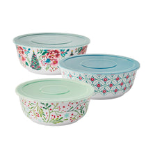 Melamine bowl set, floral print with turquoise rims and matching lids