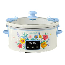6-quart digital slow cooker with locking lid and floral Brilliant Blooms, blue handles