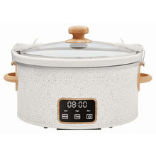 Speckled slow cooker with clear glass lid and wood-style knob, linen color body