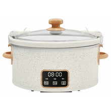 Linen speckled digital slow cooker with glass lid and wood-style latch handles