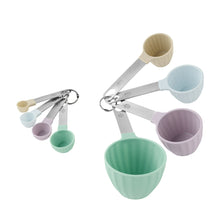 Plastic measuring cup and spoon set with multicolor cups on metal ring