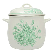Cream enamel stock pot with light green floral pattern, domed lid, side handles