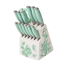 Acacia wood knife block with 14 mint green-handled knives and green floral decals