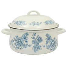 Blue enamel Dutch oven with floral pattern and domed lid