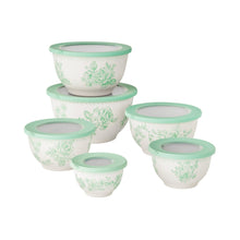 Green floral nesting mixing bowl set with matching lids