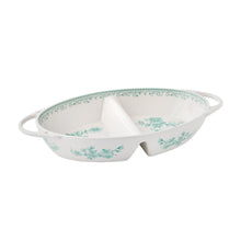 Green stoneware divided serving bowl with floral pattern and loop handles