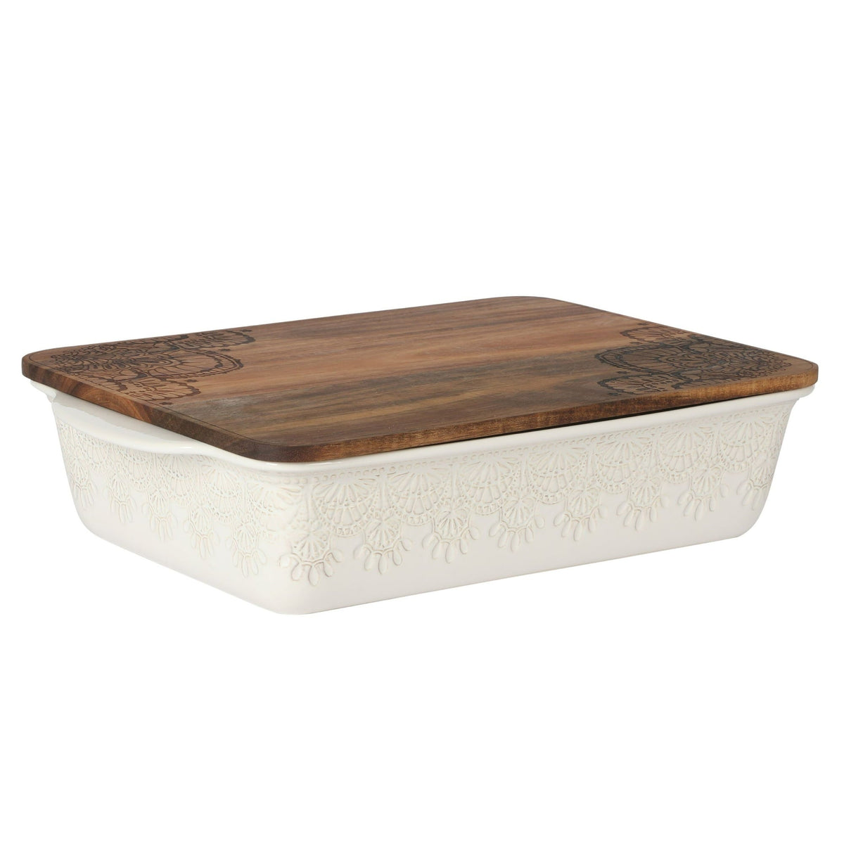 The Pioneer Woman 9" x 13" Vintage Lace Ceramic Casserole Baking Dish with Wood Lid, Linen