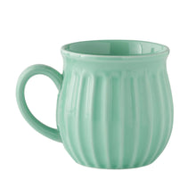 Green stoneware mug with ridged texture and handle, 12 oz capacity