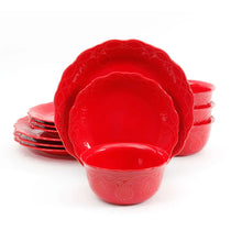 Red lace-pattern dinner plates and bowls set, glossy finish with scalloped rims