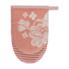 Ginger cotton mini oven mitt with white floral and stripe band, loop cuff