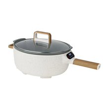Electric skillet with black lid, detachable wood handle, and side control dial
