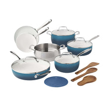 15-piece ceramic non-stick cookware set in denim blue with stainless steel lids and wooden tools
