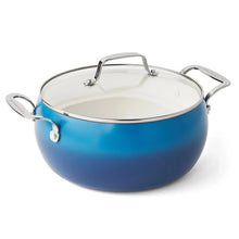 Denim blue ceramic nonstick stock pot with clear lid and stainless-steel handles