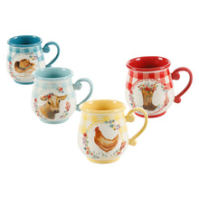 Set of 4 stoneware novelty mugs: yellow, red, teal, blue with animal graphics