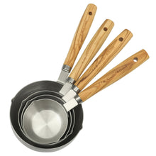 Stainless steel measuring cup set with four nested cups and olivewood handles