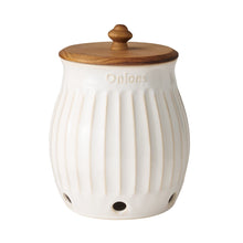 White stoneware onion keeper with ridged sides, wooden knob lid, 'Onions' front