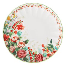 Ceramic dinner plate, white with colorful rose floral border and light green rim
