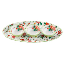 Ceramic dip bowl and serving tray set with oval tray and three floral dip bowls