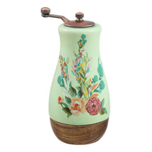 Ceramic pepper mill with floral painted mint body, metal grinder knobs, wood base