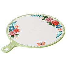 Mint green oval ceramic serving board with floral rim and handle, pink and blue flowers