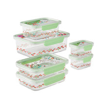 Rectangle food storage containers in assorted sizes with mint-green lids and floral print