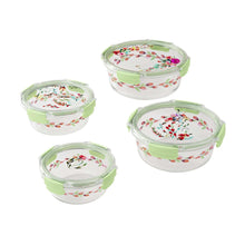 Set of round glass food storage containers with floral print and green Tritan lids