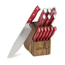 Red-handled stainless steel knife block set with acacia wood stand and knives