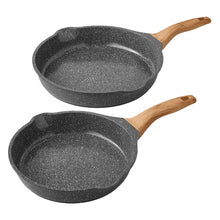 Charcoal speckle cast aluminum fry pan set, two wooden-handled skillets (10 and 12 in)