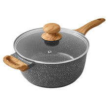 4-quart cast aluminum sauce pan with charcoal speckle finish, glass lid, and wood handles