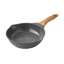 Charcoal speckled fry pan interior with wooden handle