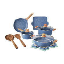 Blue cast aluminum cookware set pieces with wooden handles and matching lids