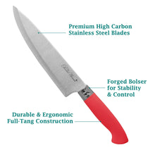 Red-handled stainless steel knife with stamped branding on the blade