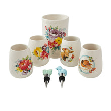 Stoneware stemless wine glasses set with colorful floral prints and blue chiller stoppers