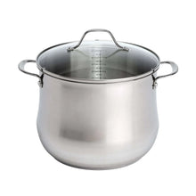 12-quart stainless steel stock pot with lid, side handles, and measurement markings