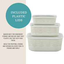 Nesting casserole dish set with 3 cream lace bowls and clear plastic lids