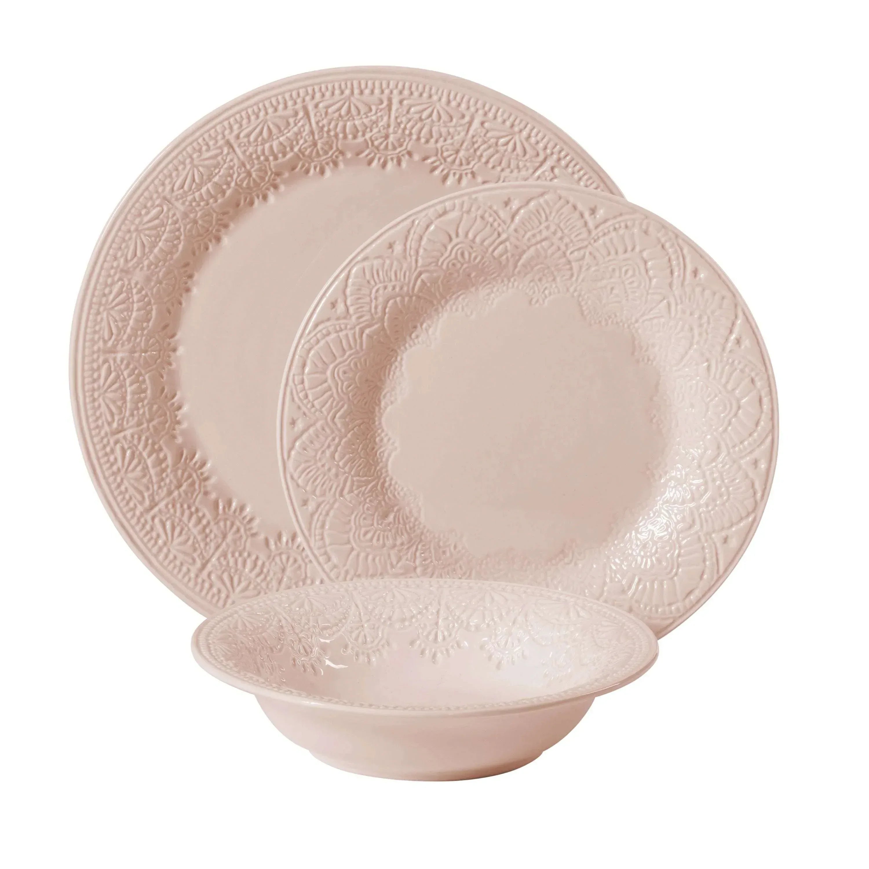 The Pioneer Woman Vintage Lace 12-Piece Ceramic Dinnerware Set, Caramel