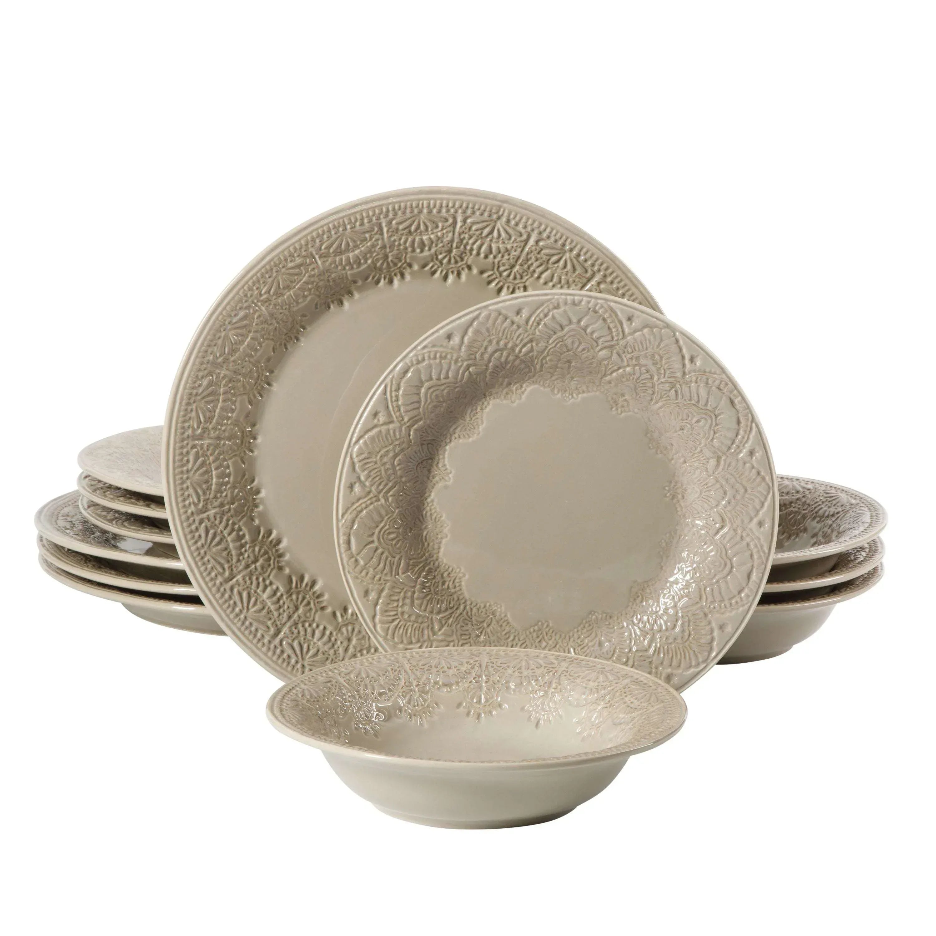 The Pioneer Woman Vintage Lace 12-Piece Ceramic Dinnerware Set, Caramel