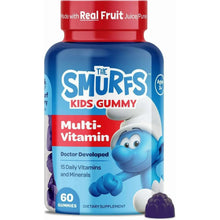 Kids multivitamin gummy supplement bottle with Smurfs character and 60 gummies