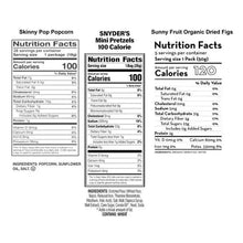 Nutrition facts panels for Skinny Pop popcorn, SNYDER'S Minitz, and Sunny Fruit dried figs