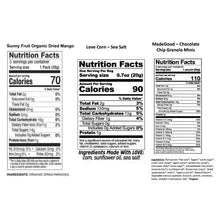 Nutrition facts panels for Sunny Fruit dried mango, Love Corn sea salt, and MadeGood chocolate chip