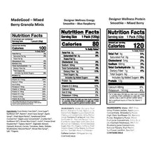 Nutrition facts panels for MadeGood mixed berry, Designer Wellness raspberry smoothie, and mixed berry protein