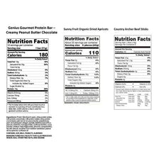 Nutrition facts panels for Genius Gourmet protein bar, Sunny Fruit organic dried apricots, and Country Archer sticks