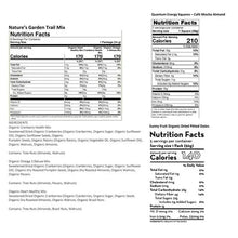 Nutrition facts panels for Nature's Garden trail mix, Quantum energy powder, and Sunny Fruit dried dates
