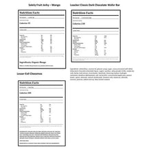 Nutrition facts panels for assorted snack items, including fruit jerky and chocolate wafer bar