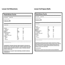 Nutrition facts panels for Lesser Evil Moonions and Lesser Evil Space Balls