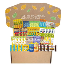 Cardboard snack box filled with assorted branded snack packs and bars